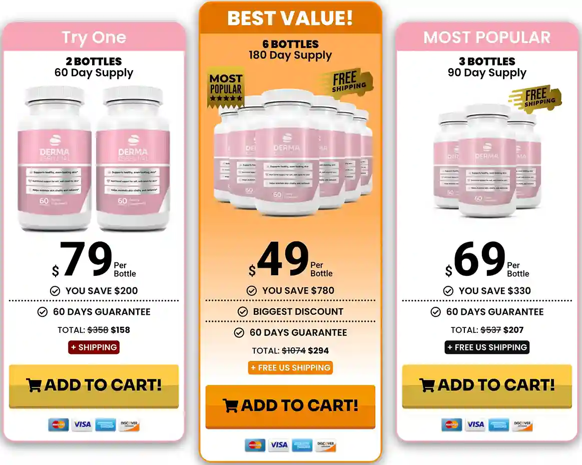 DermaEssential Pricing 1 Bottle 3 Bottle 6 Bottle Packages